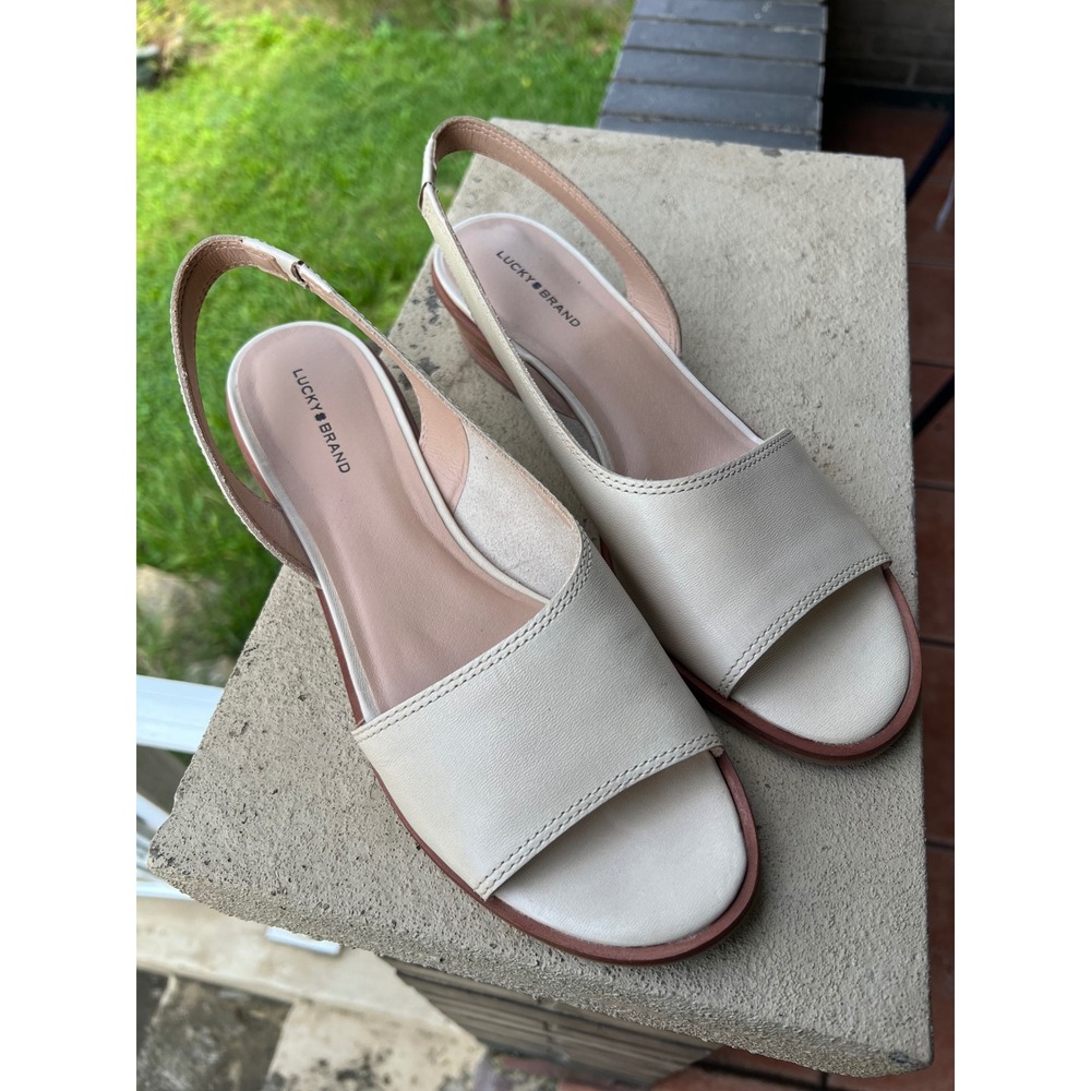 Lucky Brand Rimma Low Heel Slingback Leather Sandals Beige Cream Women's Size 10